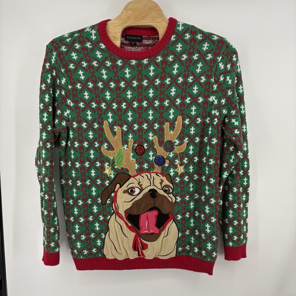 Ugly Christmas Sweater Pug Santa Hat Unisex Size Extra Large XL Red Green White